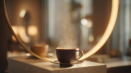 A warm cup of coffee sits on a sleek countertop, steam gently rising into the air. The cozy cafe displays modern decor and soft lighting, creating a welcoming atmosphere for morning visitors.の素材