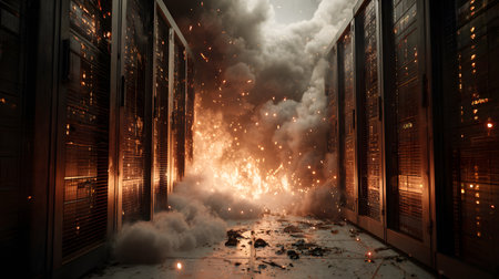 A massive explosion rocks a data center, filling the air with smoke and debris. Bright flames erupt between rows of servers, signaling a severe crisis in the facility.の素材