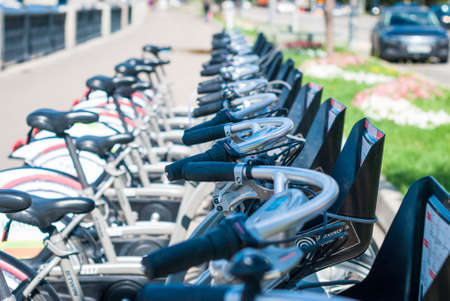 The bikes with the logo on city parking. Bicycles for rent in city environment. Moscow, Russia, August 8, 2016.のeditorial素材