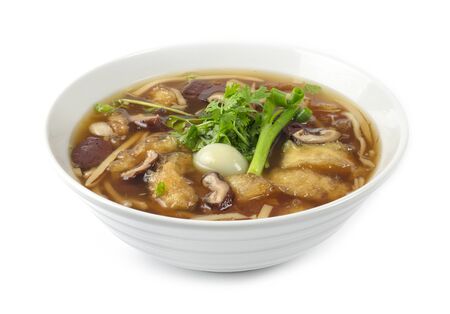 Fish maw with boiled quail egg and blood pork in red gravy soup Chinese style decorate Coriander, spring onions side viewの写真素材