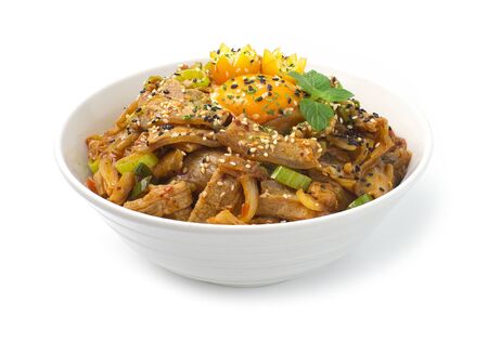 Kimchi stir fried with Pork on rice Korean food fusion style decorate carved tomato on top egg yolk side viewの写真素材