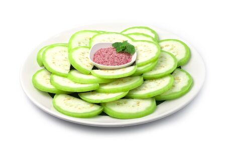 Guava Preserves in Syrup sweet tasty and Fresh Fruit of Thailand with sweet salt plum dipping. Fruit Break time for diet high vitamin C side viewの写真素材