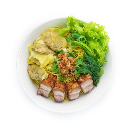 Egg Noodles with Crispy Roast Belly Pork and Wonton Dumplings ontop Crispy Garlic and Spring Onions in Bowl .Asian Food fusion style top viewの写真素材