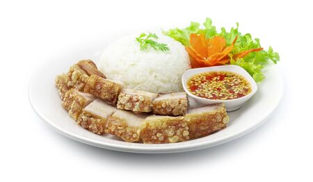 Crispy Pork with Rice (Crispy Belly Pork) Served with Chili Sauce. Asian Food dish Decorate vegetables and carved carrot side viewの写真素材