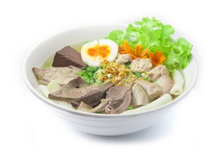 Vietnamese Rice Noodles Soup with Pork Blood, pork offal ,pork ball and Egg Asian Food fusion style...