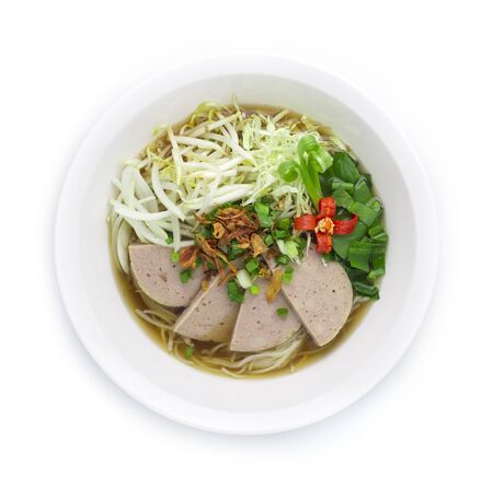 Rice Noodles with Vietnamese Pork Saucesage in Clear Soup (Pho) Vietnamese Food Style decorate with...