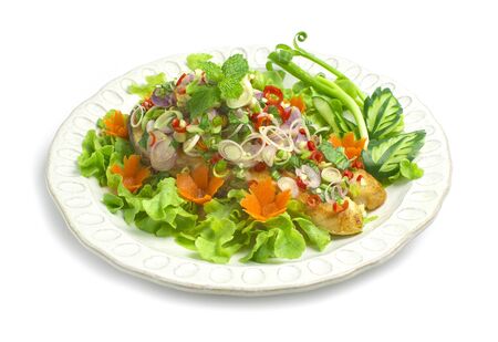 Grill  Salmon Spicy Salad in Thai herbs sauce Thai spicy food appetizer the popular of Thailand decorate with carved chili goodtasty and healthyfood for diet side viewの写真素材