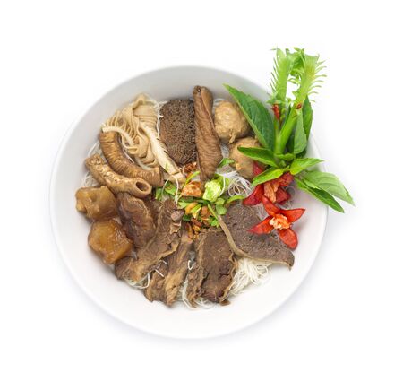 Vermicelli Noodles with Braised Stewed Mix Beef without soup (kuay taiw nuae toon) Thai food dish...
