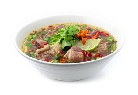 Spicy Soup with Pork Spare rib Thai Food spicy fusion style decorate vegetables and carved chili...