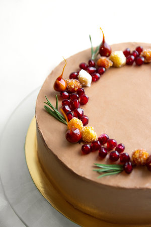 This stock photo shows a chocolate cake decorated with hazelnuts in caramel, rosemary, and garnet.の写真素材
