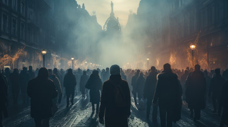 Anonymous crowd of people walking on city streetの素材