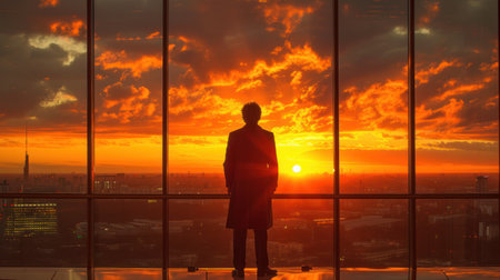 Golden Horizon: A Solitary Figure Amidst a Breathtaking Sunsetの素材