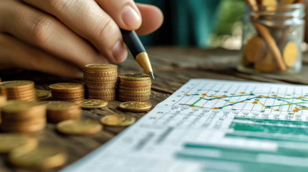 Strategic Financial Planning: A Close-Up of Coins and Graph Analysisの素材