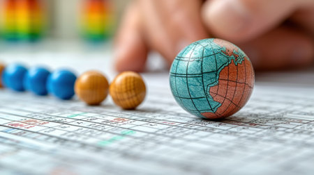 Global Strategy: A Chessboard with Earth Sphere Amidst Colorful Pawnsの素材