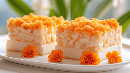 Golden Sunrise Delight: Gourmet Cakes Adorned with Vibrant Orange Blossomsの素材