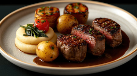 Gourmet Grilled Steak and Vegetables on Elegant Plateの素材