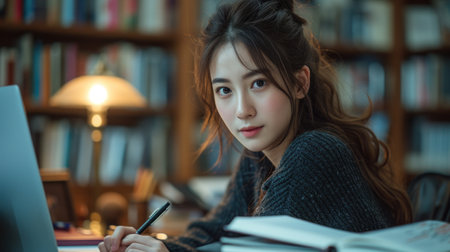 Evening Study Session Amidst Books and Warm Lightの素材