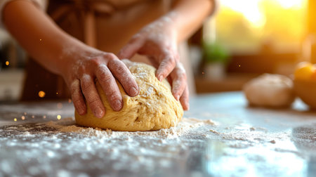 Golden Hour Baking: Hands Kneading Fresh Dough Amidst Flour Dustの素材