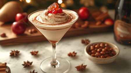 Winter Delight: Creamy Beverage Adorned with Raspberries and Festive Spicesの素材