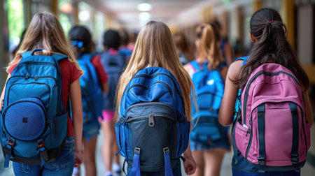 Journey of Learning: Students with Backpacks Walking Down a School Hallwayの素材