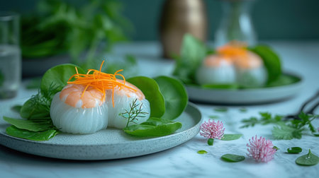 Elegant Gourmet Dish: Fresh Seafood Dumplings Garnished with Herbs and Vegetablesの素材