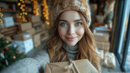 Winter Warmth: A Cozy Gift Exchange Amidst Holiday Lightsの素材