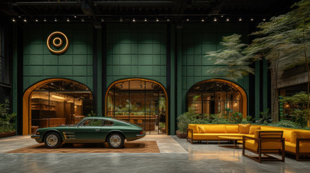 Elegance Unleashed: A Vintage Car in a Modern, Green Urban Oasisの素材