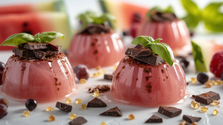 "Gourmet Chocolate Drizzled Raspberry Gelatin Desserts with Fresh Basil"の素材