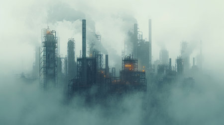 Mystic Industrial Dawn: A Foggy Embrace of Steel Giantsの素材