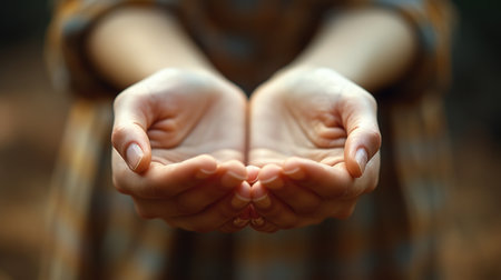Embrace of Nature: A Pair of Hands Cupped Amidst the Forest Ambianceの素材