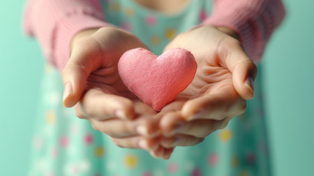 A Tender Embrace: Hands Holding a Pink Heart with Love and Careの素材