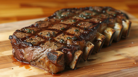 Succulent Grilled Steak on Wooden Board Amidst Fresh Herbsの素材