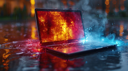 Illuminated Fury: A Laptop Engulfed in Ethereal Flames Amidst a Rainy Nightの素材
