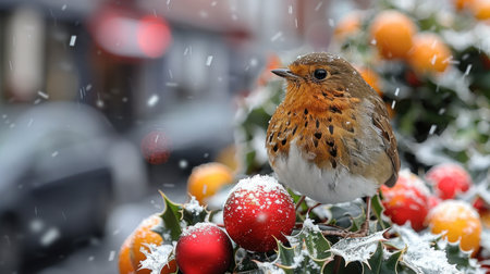 "Winter's Embrace: A Robin Amidst Snow-Kissed Berries"の素材