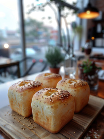 Golden Hour Delights: Fresh Baked Bread in a Cozy Cafの素材