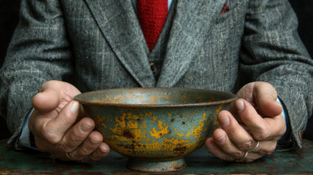 A Moment of Reflection: Hands Cradling an Aged Bowlの素材