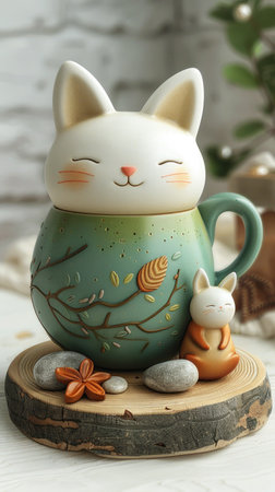 "Whimsical Cat Mug Amidst Nature's Serenity"の素材