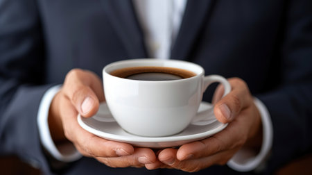 Elegant Embrace of Warmth: A Close-Up of Hands Holding a Coffee Cupの素材