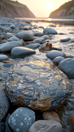 Golden Horizon: A Serene Sunset Amidst Nature's Rocky Canvasの素材