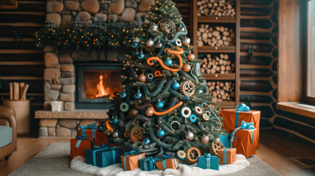 A Steampunk Christmas: Gears and Lights Adorn a Unique Holiday Treeの素材