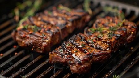 Sizzling Delight: Juicy Grilled Steaks Garnished with Fresh Herbsの素材