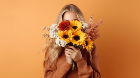 Woman in hat holding beautiful autumn bouquet on color backgroundの素材