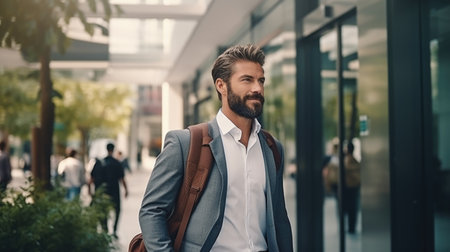 Confident and professional elegant bearded businessman walking outdoorの素材
