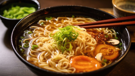 Photo of Japanese ramen soup with chopsticksの素材