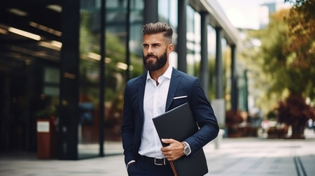 Confident and professional elegant bearded businessman walking outdoorの素材