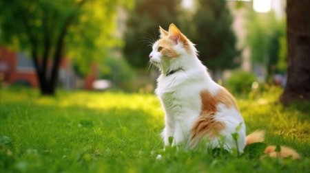 The cat looks to the side and sits on a green lawn.の素材