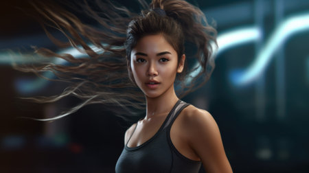 Beautiful women, long curly hair in a ponytail,の素材