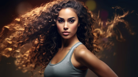 Beautiful women, long curly hair in a ponytail,の素材
