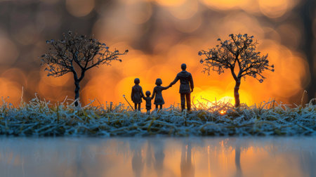 Golden Horizon: A Family's Silhouette Amidst Nature's Twilight Symphonyの素材