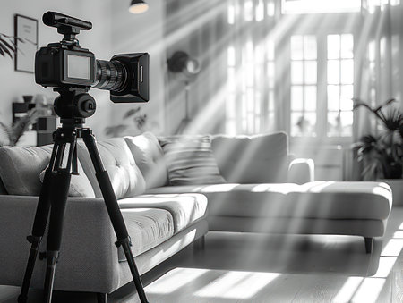 Illuminated Elegance: A Camera's Perspective of a Sunlit Modern Living Spaceの素材